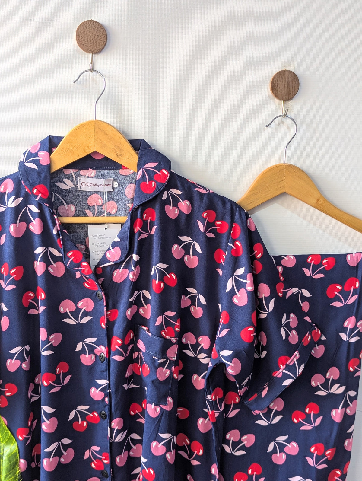 Blue & Pink Cherries Linen PJ Set - Half Sleeves