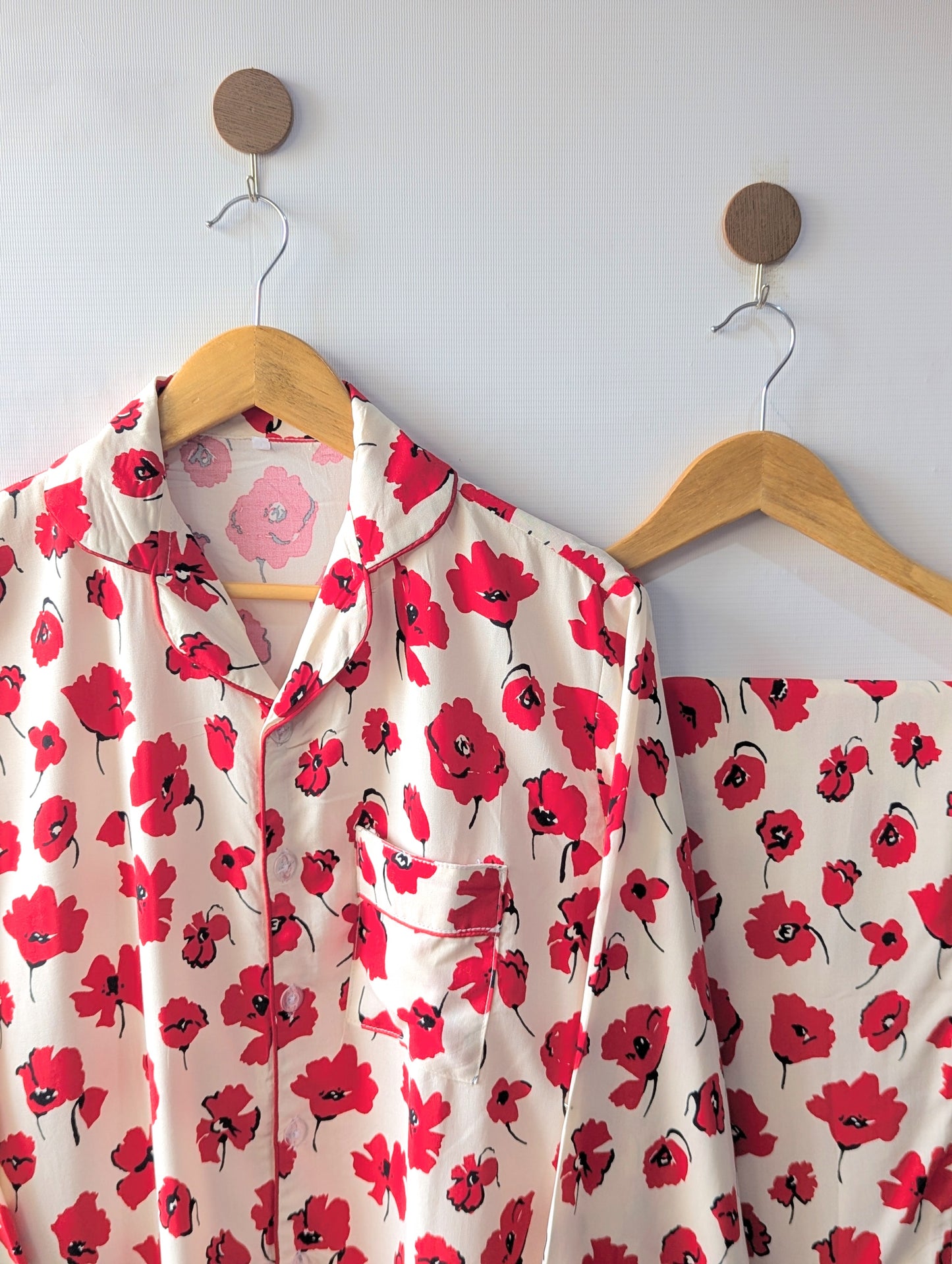 Beige & Red floral Linen PJ Set