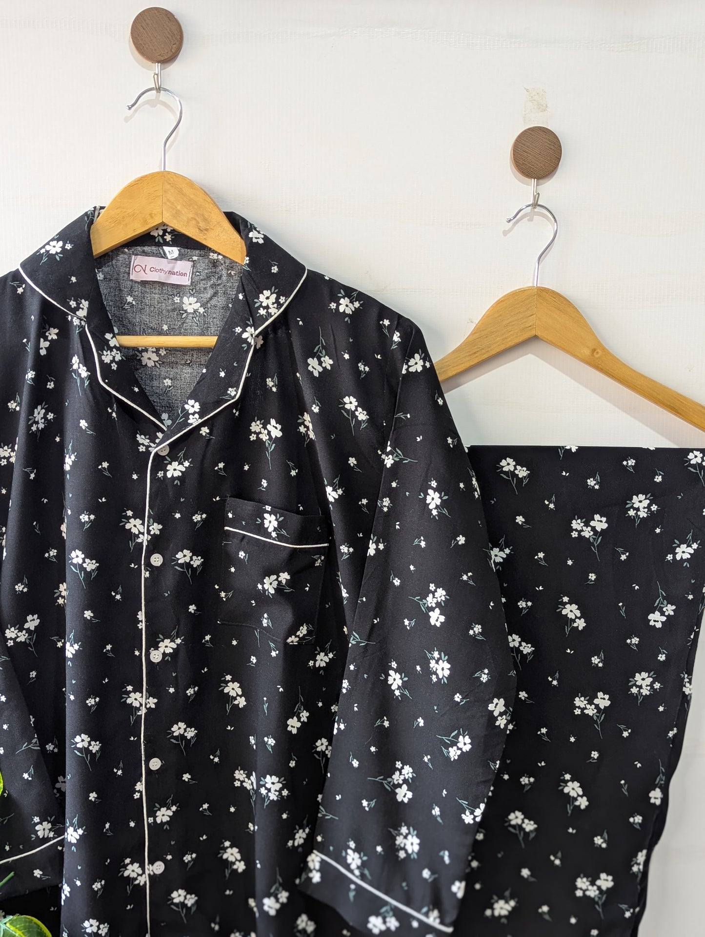 Black Floral Linen PJ Set