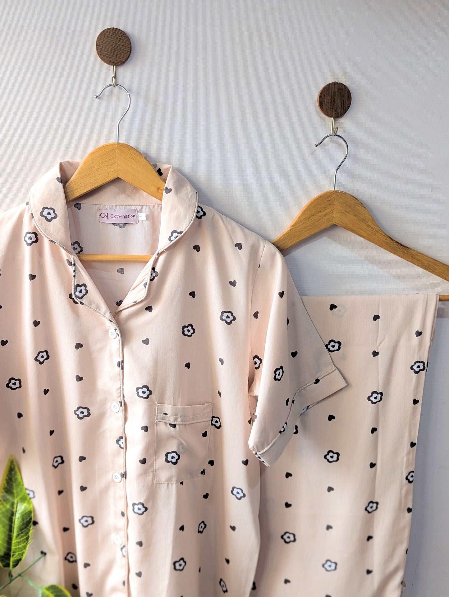 Beige Hearts Linen PJ Set - Half Sleeves