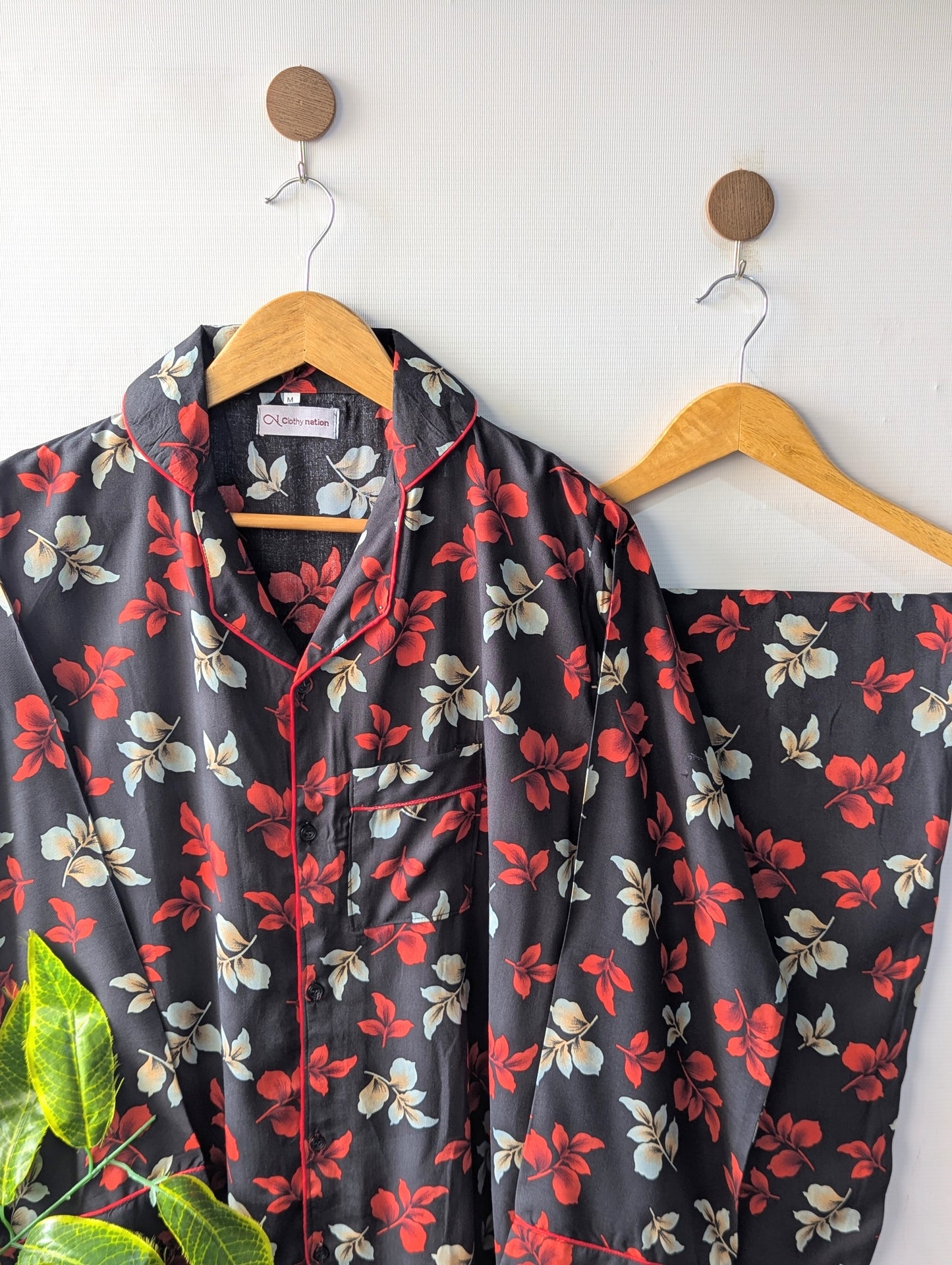 Red & Black Leafs Linen PJ Set