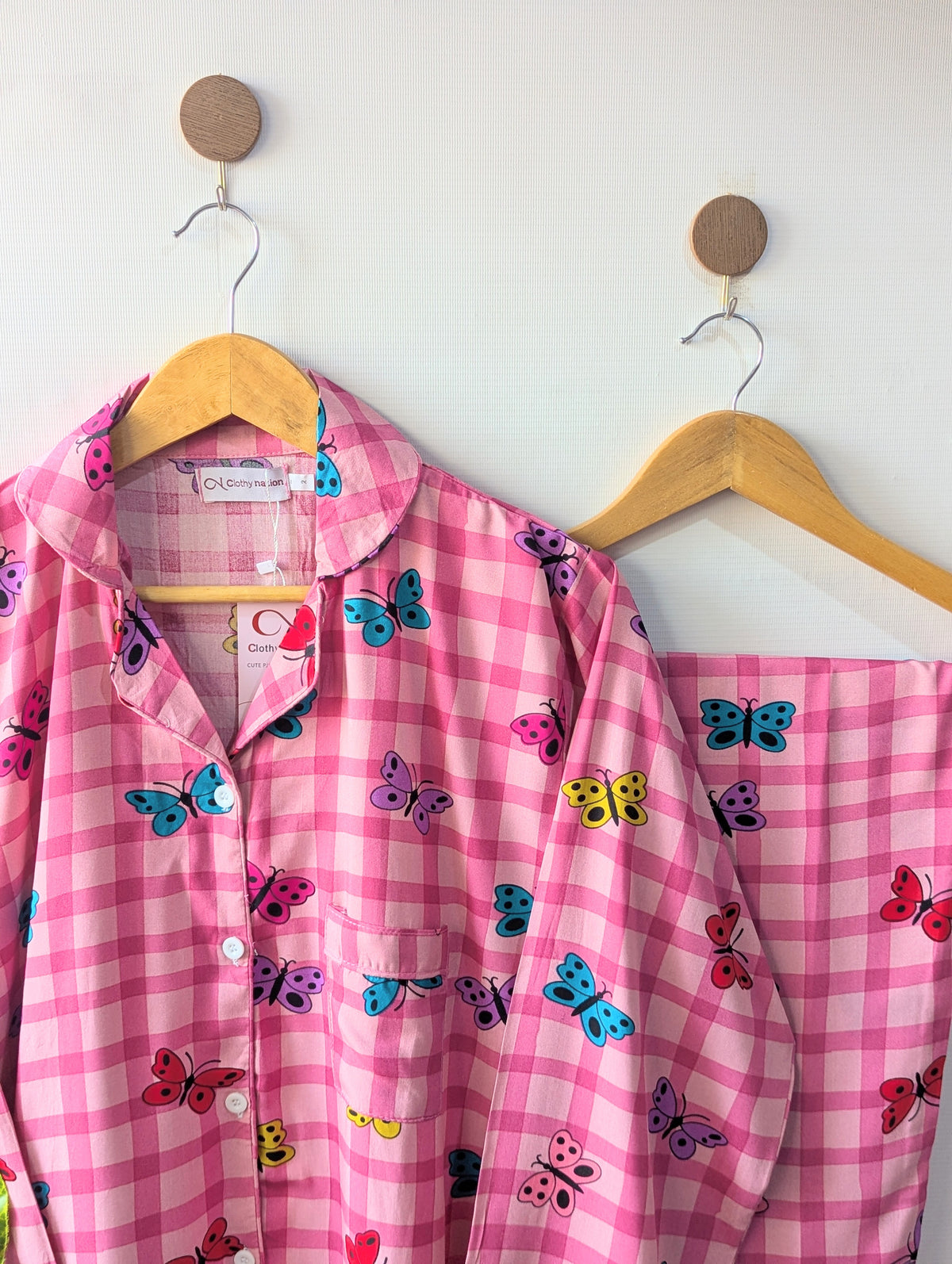 Pink Check Butterflies Linen PJ Set