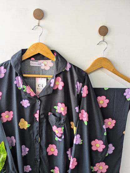 Black & Pink Flowers Linen PJ Set