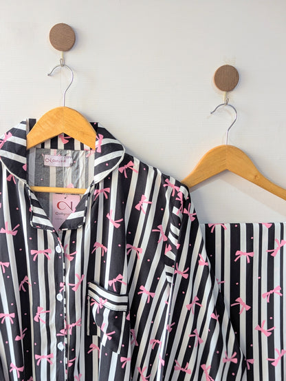 Black Bow Stripes Linen PJ Set