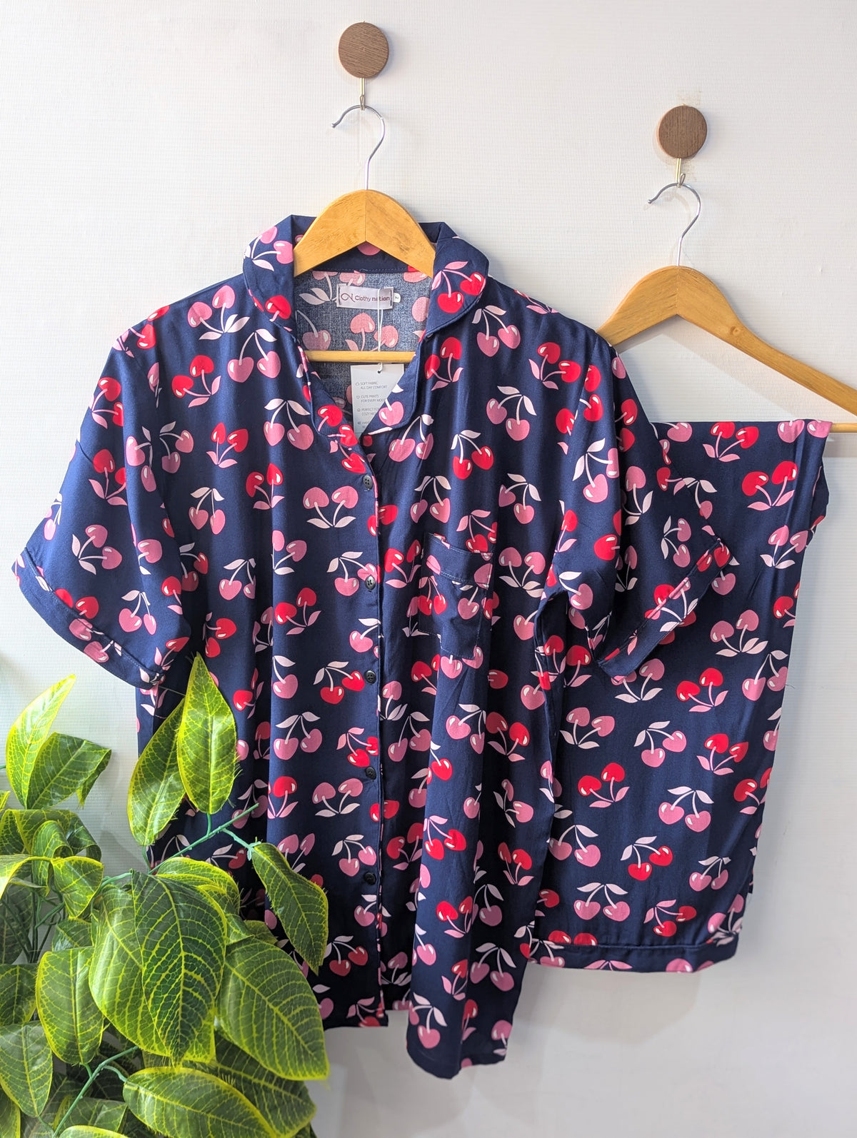 Blue & Pink Cherries Linen PJ Set - Half Sleeves