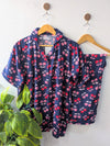 Blue & Pink Cherries Linen PJ Set - Half Sleeves