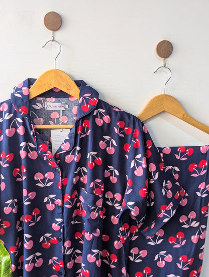 Blue & Pink Cherries Linen PJ Set - Half Sleeves