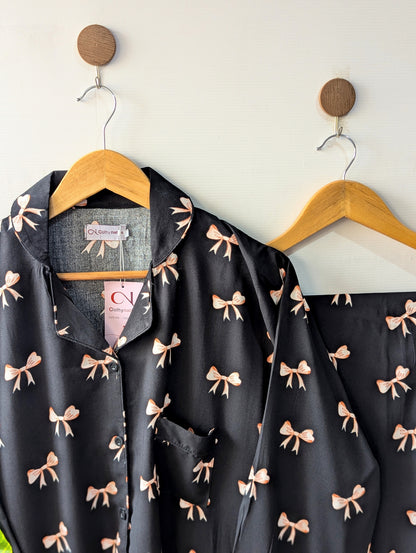 Black & Beige Bows Linen PJ Set