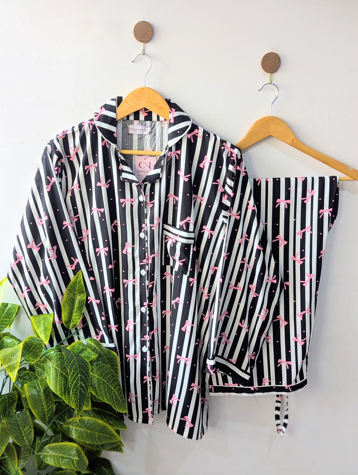 Black Bow Stripes Linen PJ Set