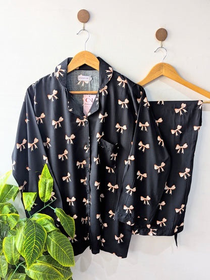 Black & Beige Bows Linen PJ Set