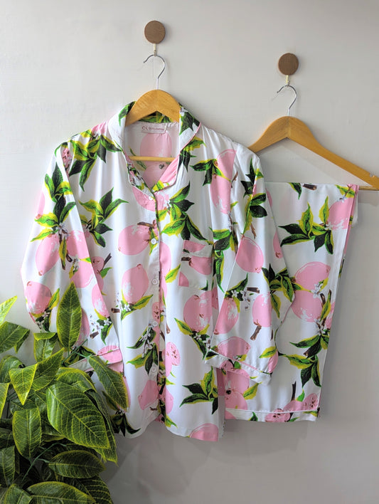 White & Pink Fruit Linen PJ Set
