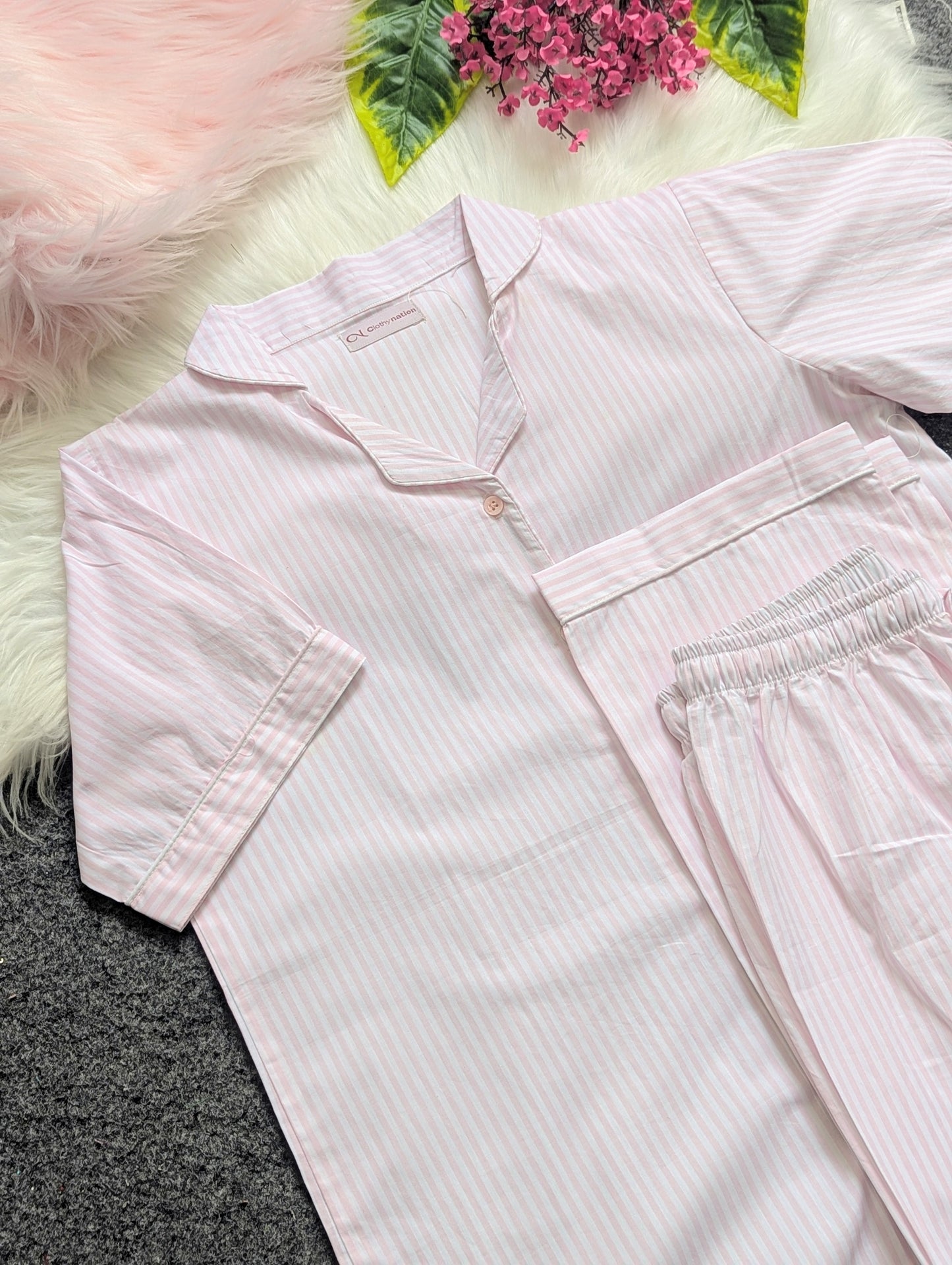 Pink Lining Cotton PJ Set - Half Sleeves