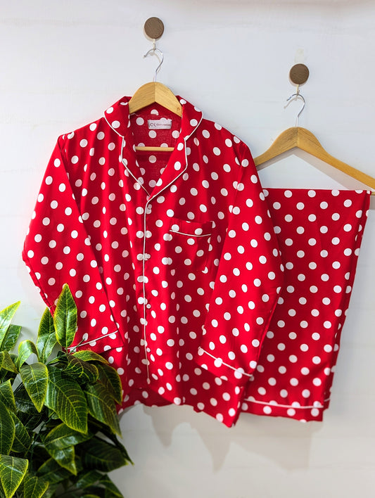 Dark Red Polka Linen PJ Set