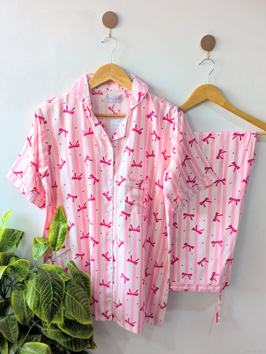 Pink Bow Stripes Linen PJ Set - Half Sleeves