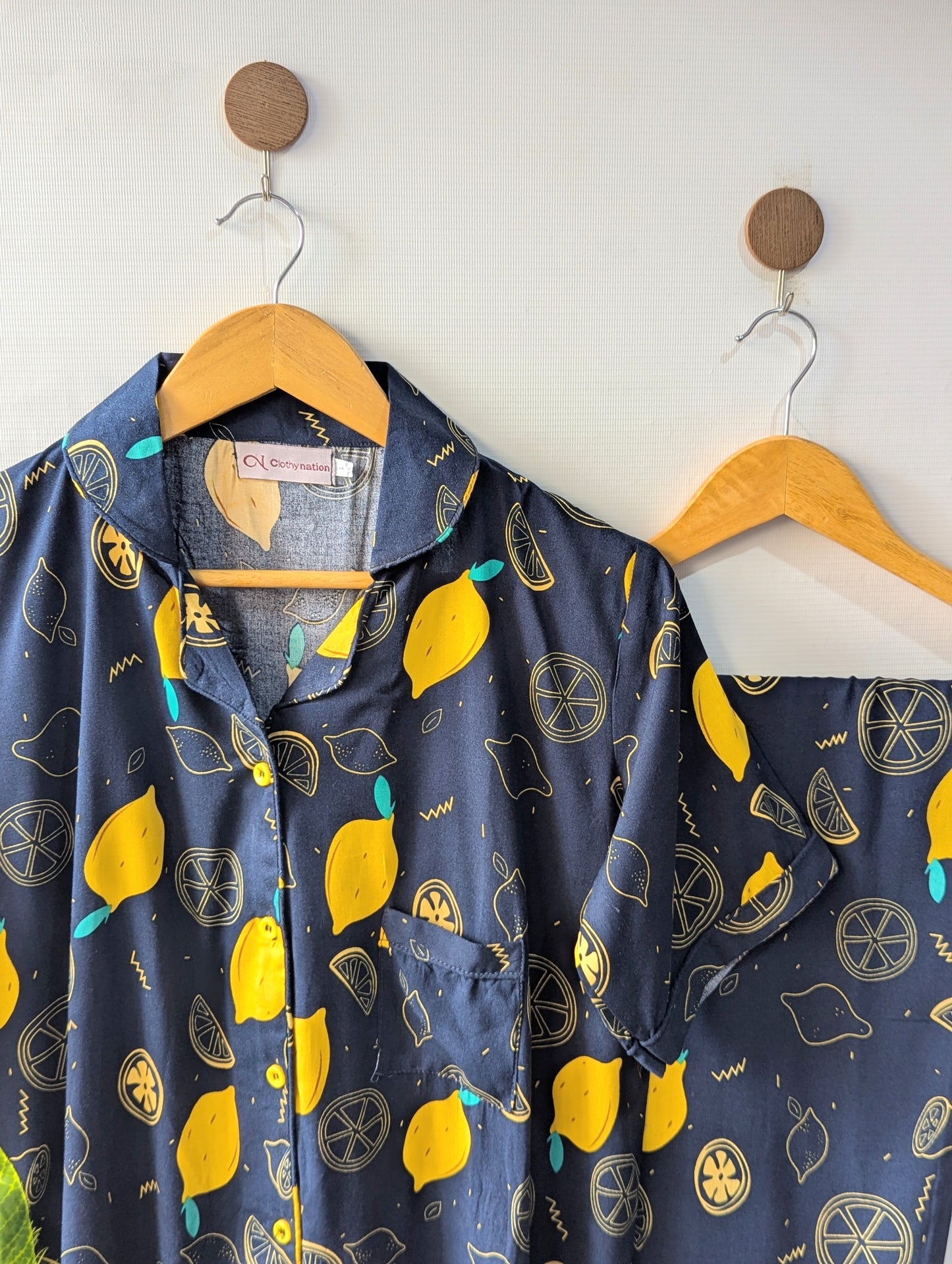Navy Lemons Linen PJ Set - Half Sleeves