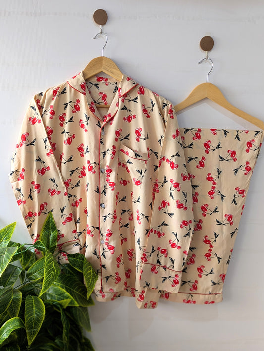 Beige Cherry Linen PJ Set