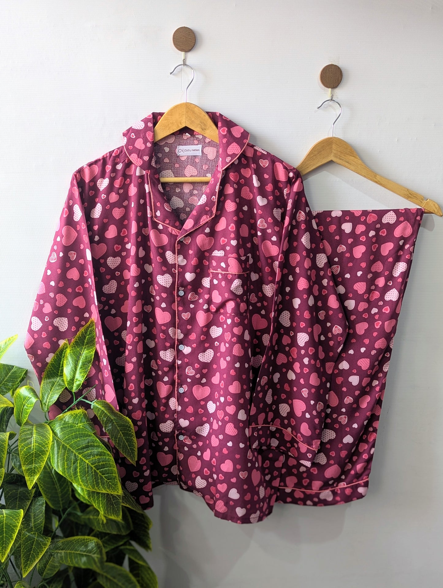 Maroon Hearts Linen PJ Set