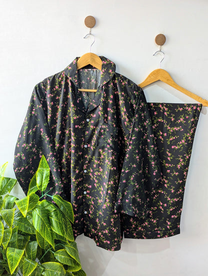 Black & Pink Petals Linen PJ Set