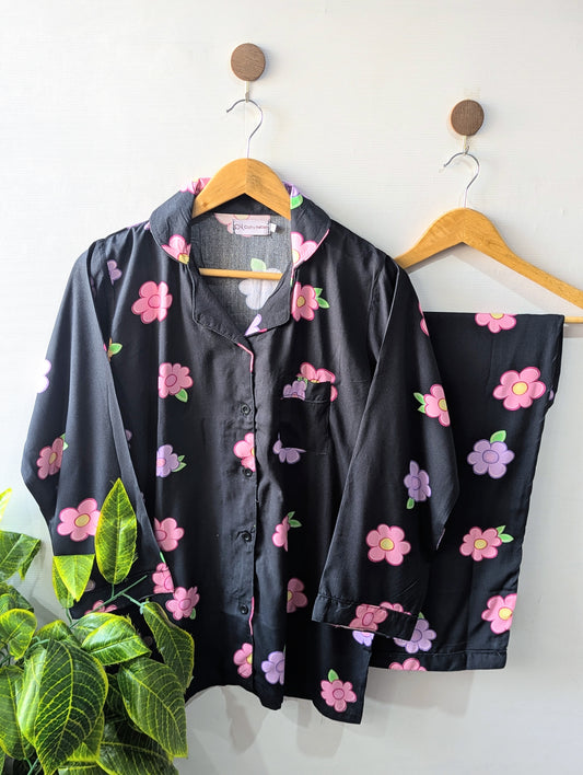 Black & Pink Flowers Linen PJ Set