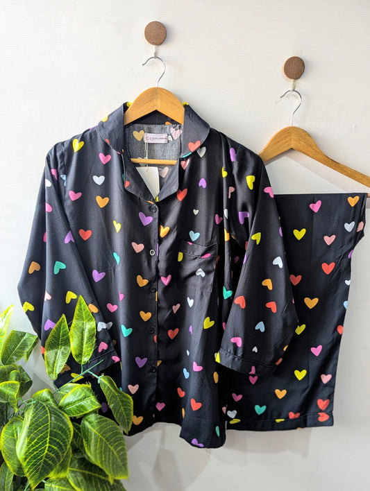 Black Multi Hearts Linen PJ Set