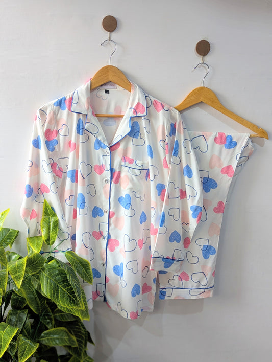 White Multi Hearts Linen PJ Set