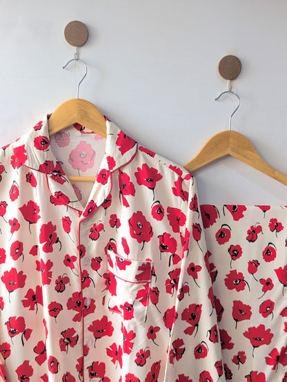 Beige & Red floral Linen PJ Set