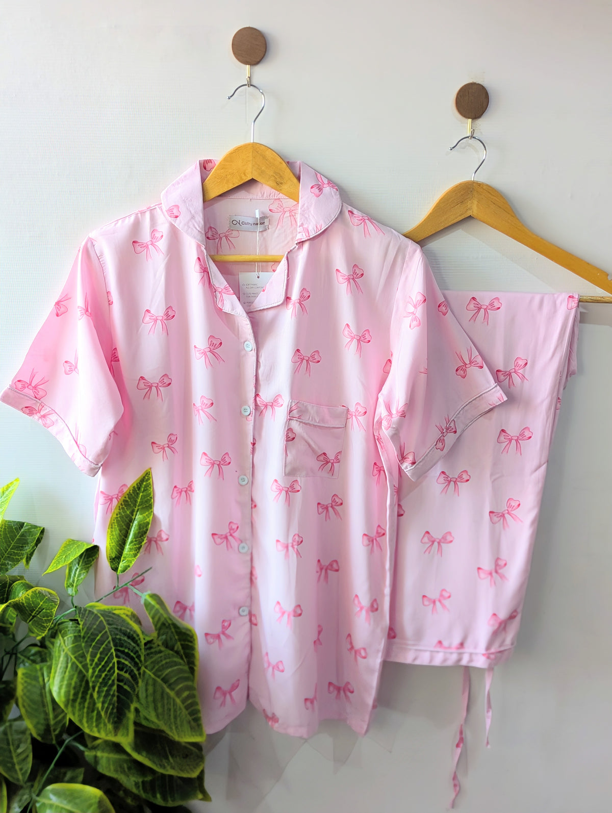 Pink Bows Linen PJ Set - Half Sleeves