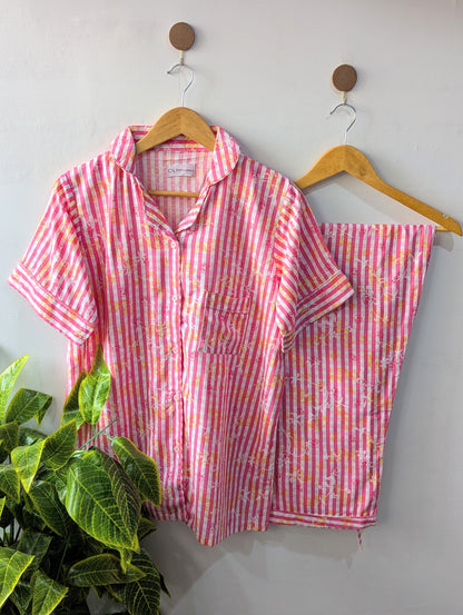 Pink Little Checks Linen PJ Set - Half Sleeves