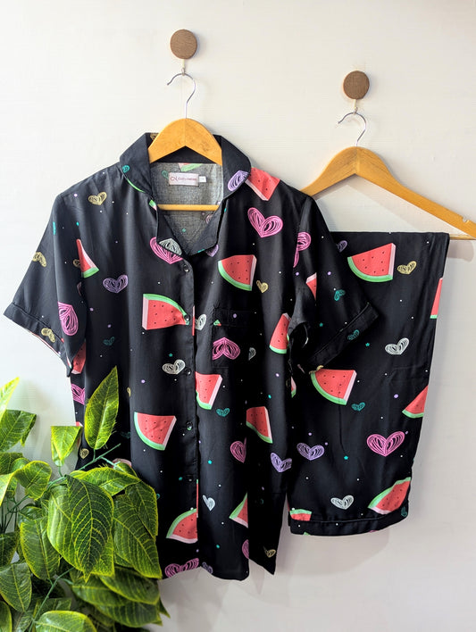 Black Watermelons Linen PJ Set - Half Sleeves