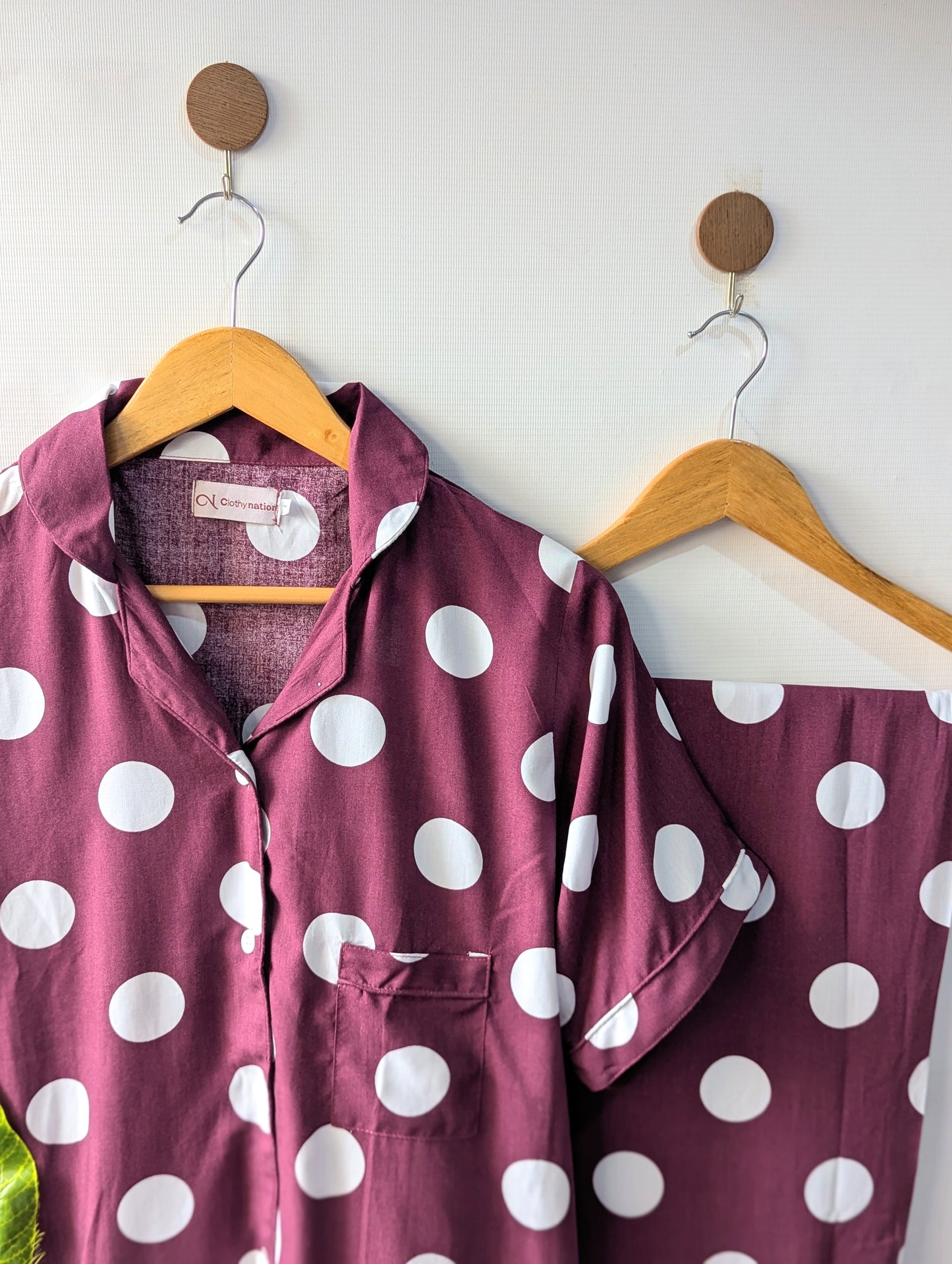 Maroon Polka Dots Linen PJ Set - Half Sleeves