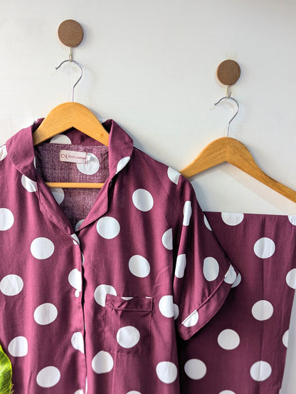 Maroon Polka Dots Linen PJ Set - Half Sleeves