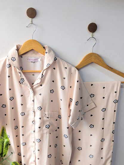 Beige Hearts Linen PJ Set - Half Sleeves