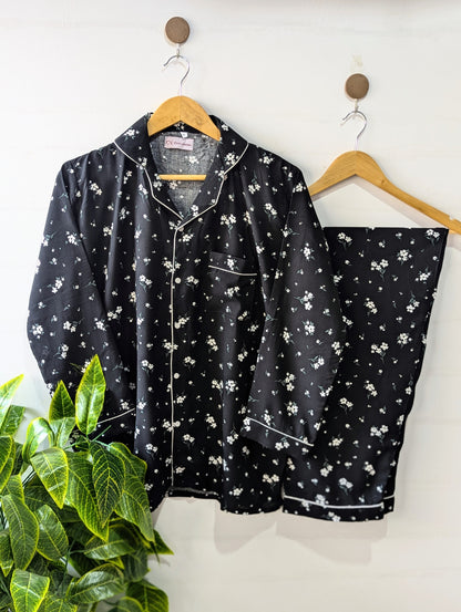Black Floral Linen PJ Set