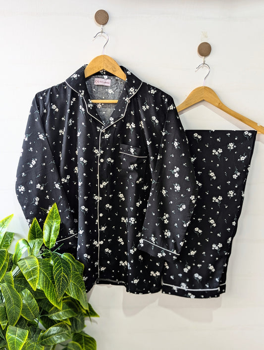 Black Floral Linen PJ Set
