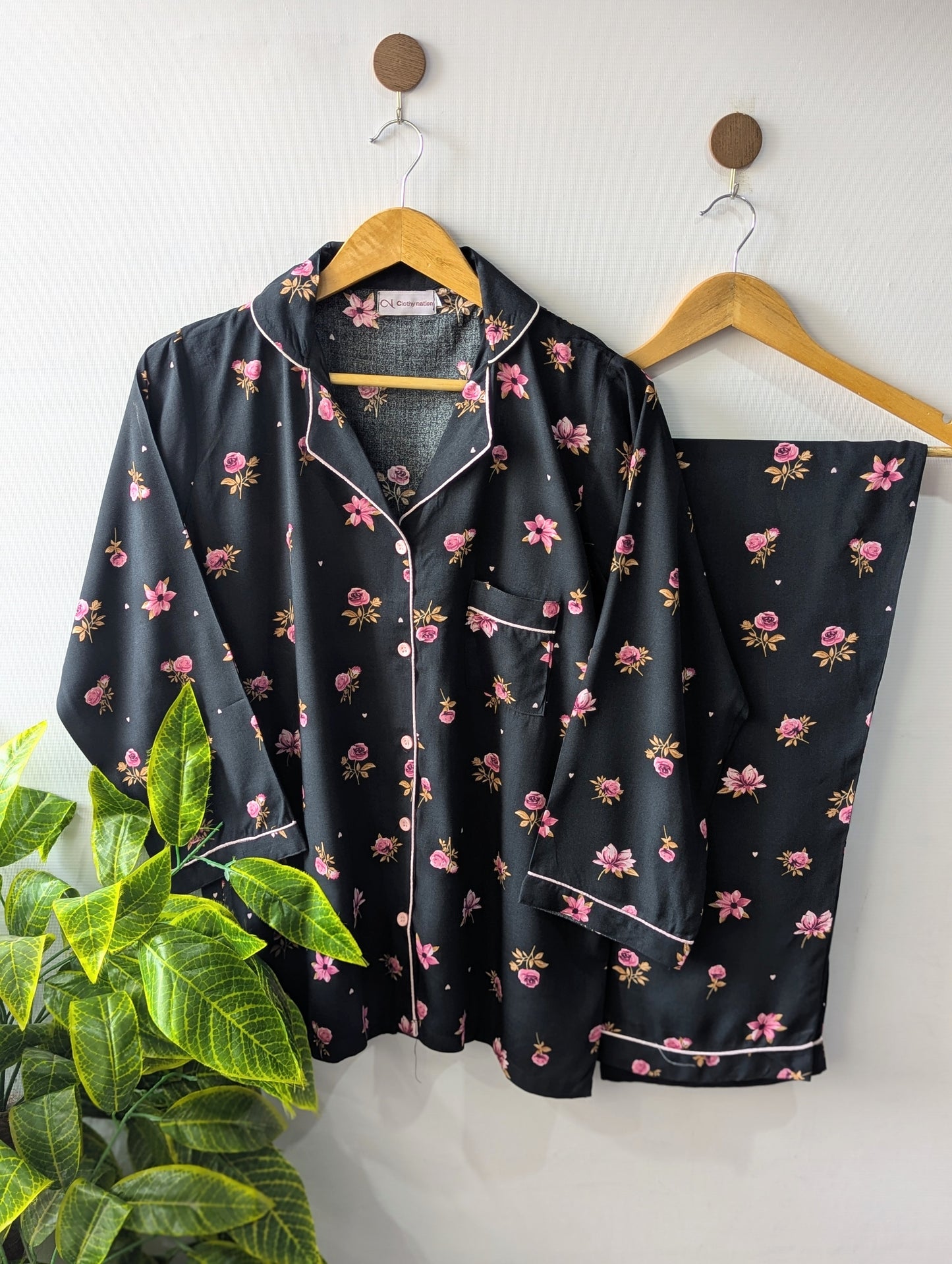Black & Pink Floral Linen PJ Set