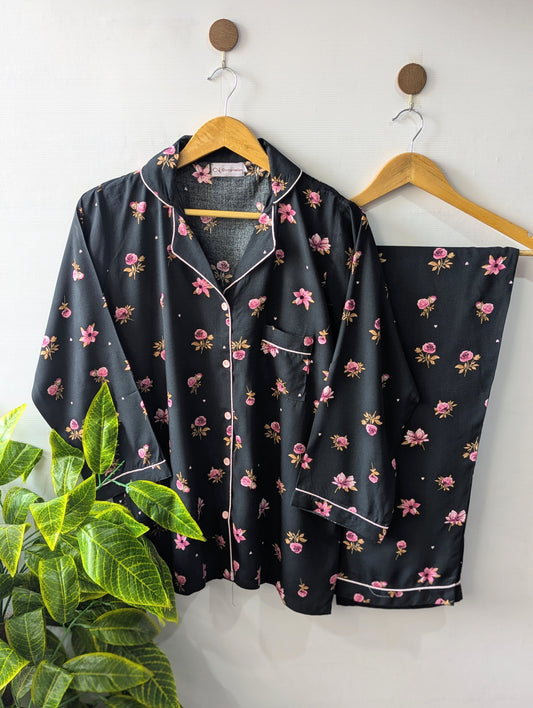 Black & Pink Floral Linen PJ Set