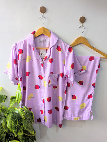 Lilac Starberries Linen PJ Set - Half Sleeves