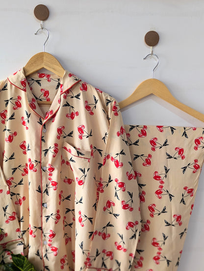 Beige Cherry Linen PJ Set