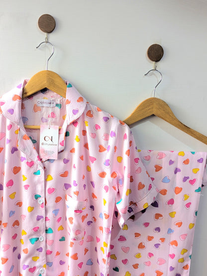 Pink Hearts Linen PJ Set - Half Sleeves