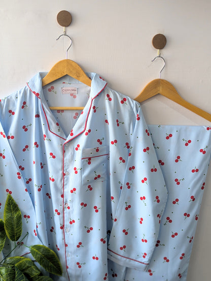 Sky Blue Cherry Linen PJ Set