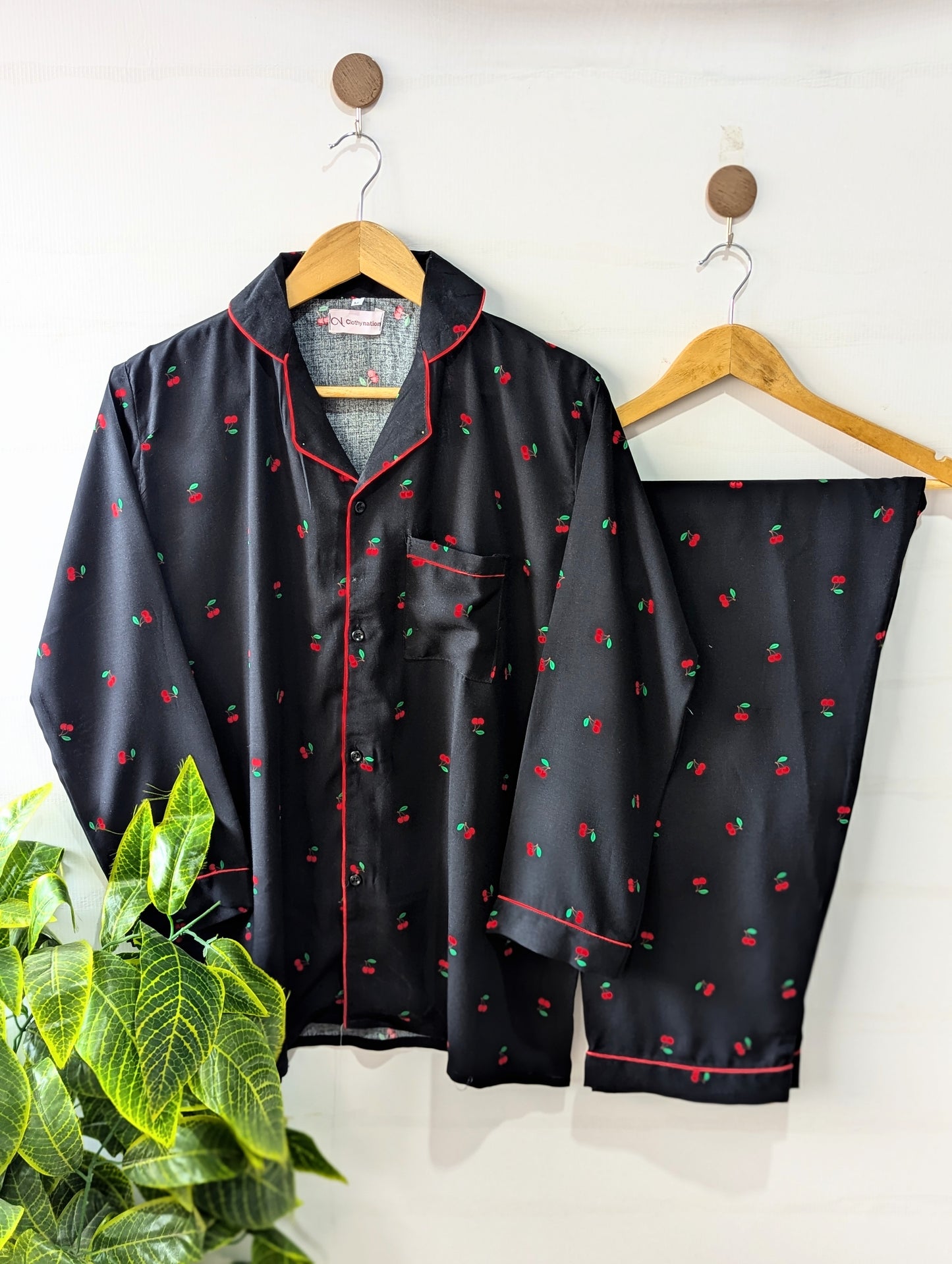 Black Red Cherry Linen PJ Set
