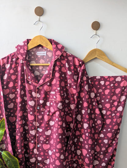 Maroon Hearts Linen PJ Set