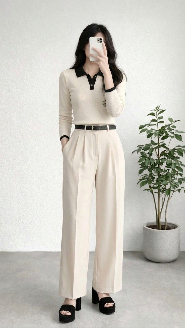 Wide Leg Pleated Korean Pants - Cream