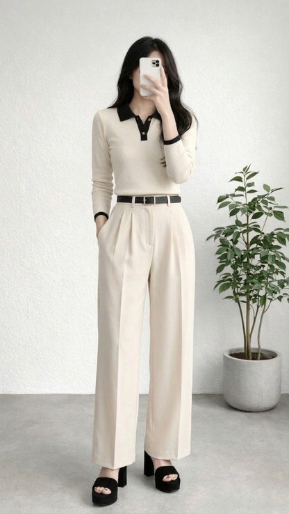 Wide Leg Pleated Korean Pants - Cream