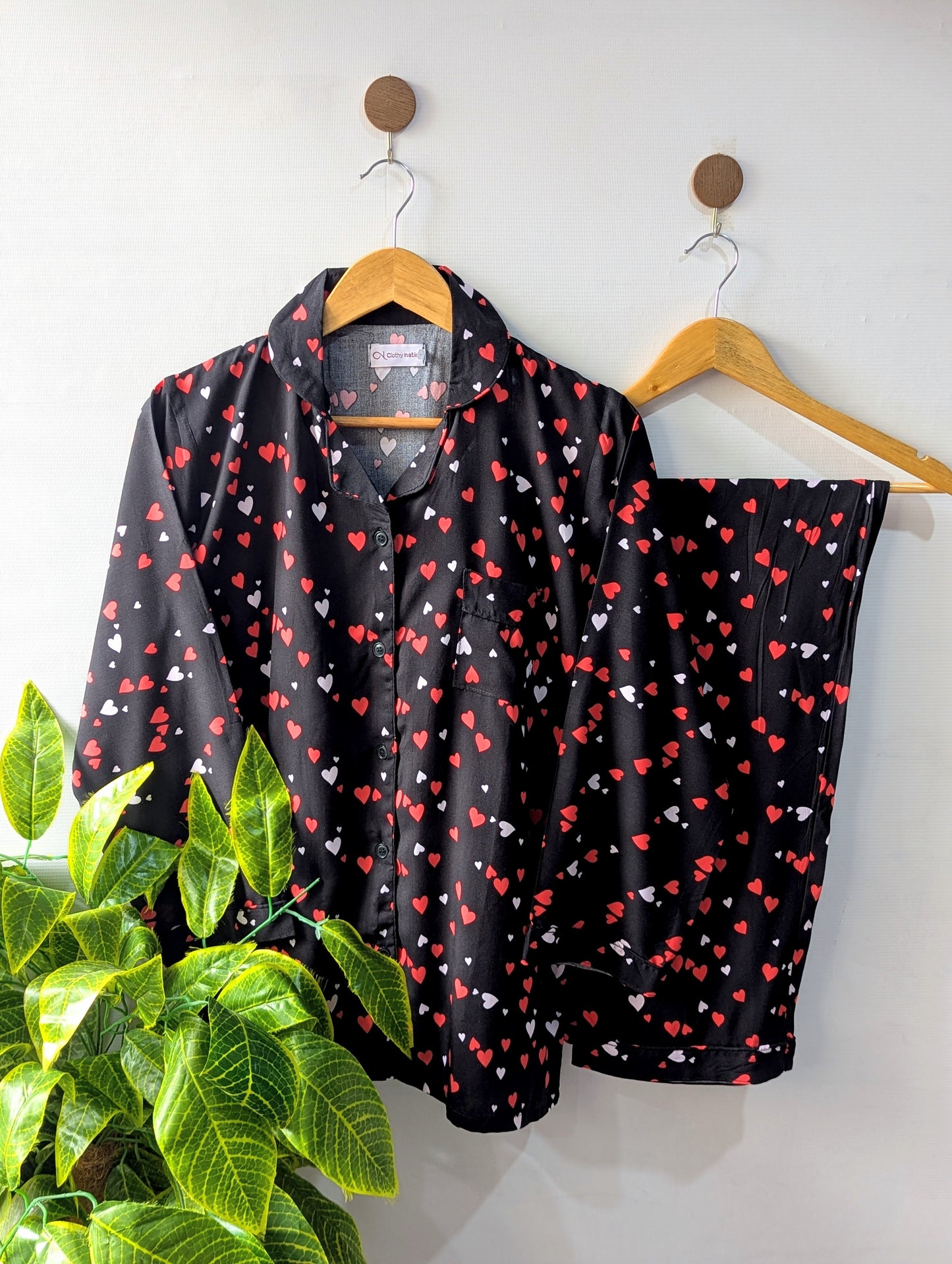 Black Little Hearts Linen PJ Set