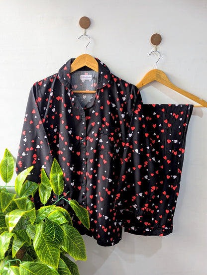 Black Little Hearts Linen PJ Set