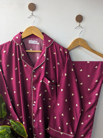 Burgundy Hearts Linen PJ Set