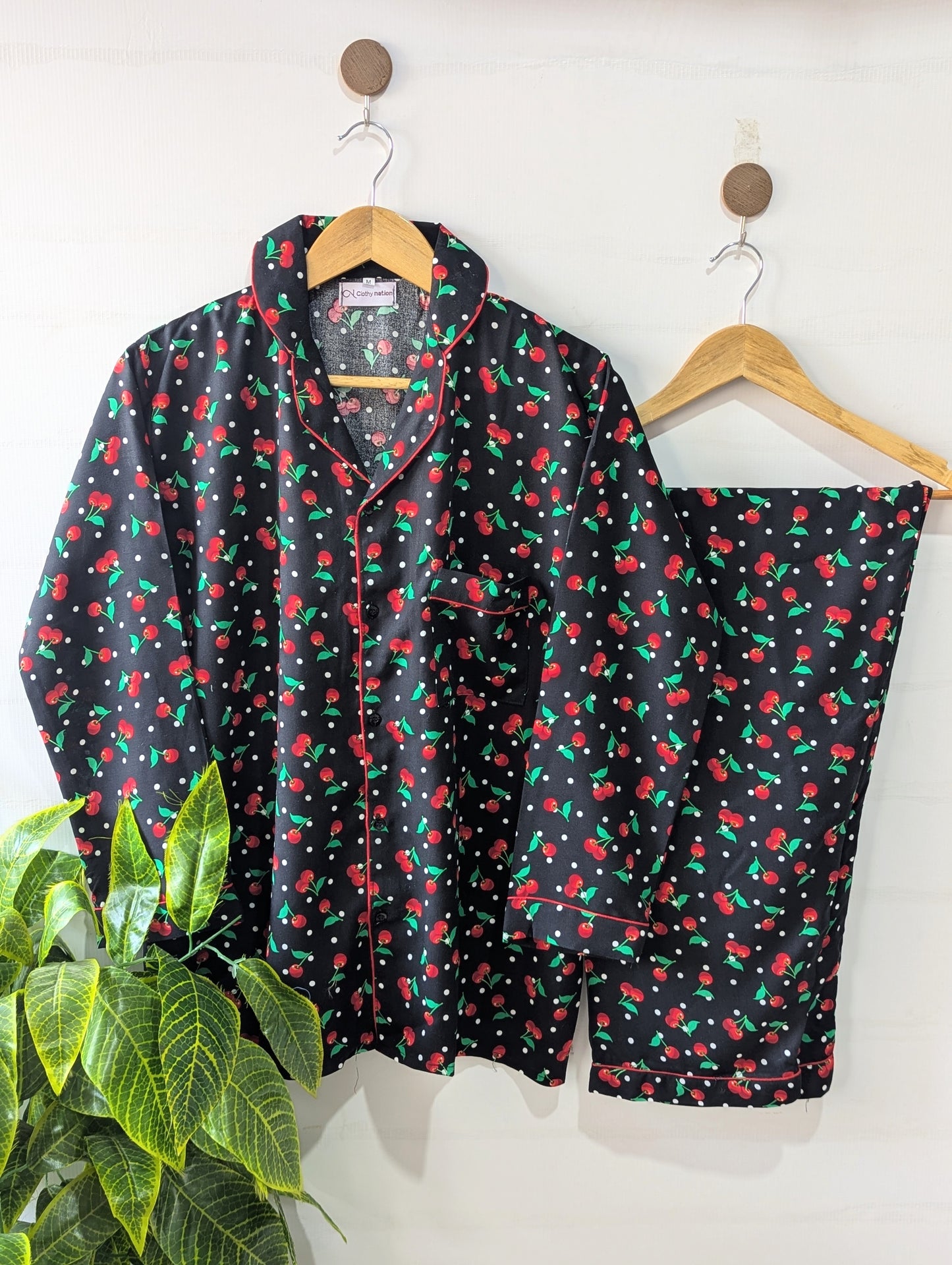 Black Dotted Cherry Linen PJ Set