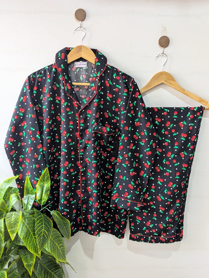 Black Dotted Cherry Linen PJ Set