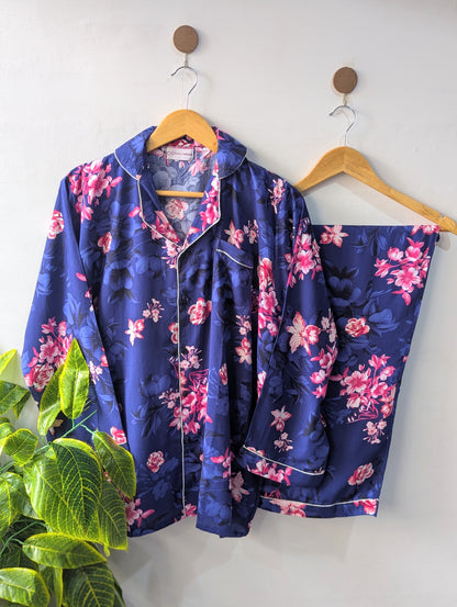Navy & Pink Florals Linen PJ Set